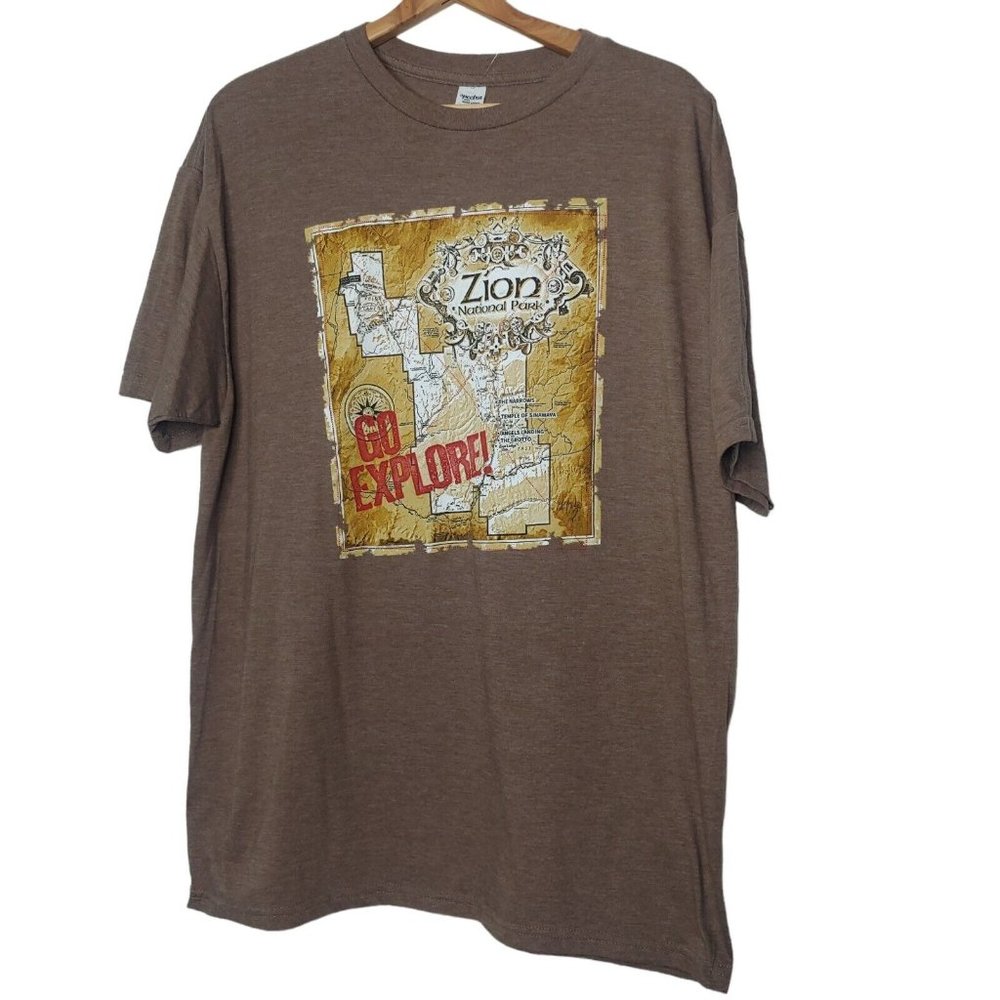 Zion National Park Map XL T Shirt Brown Travel Utah Go Explore Spectra Nature